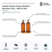 Amber Plastic Pump Bottles + Bamboo Tray – 500 ml Set