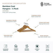 Set of four bamboo coat hangers with chrome hooks, strap notches, and trouser bars, designed for organised wardrobe storage and garment care