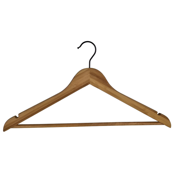 Bamboo coat hanger with black matte hook for stylish home organisation; ideal for wardrobe decluttering and space-saving storage.