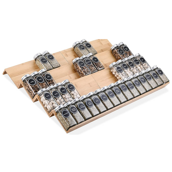 Bamboo drawer spice rack – 8-tier organiser set filled with spice jars, maximizes drawer space and keeps kitchen tidy.