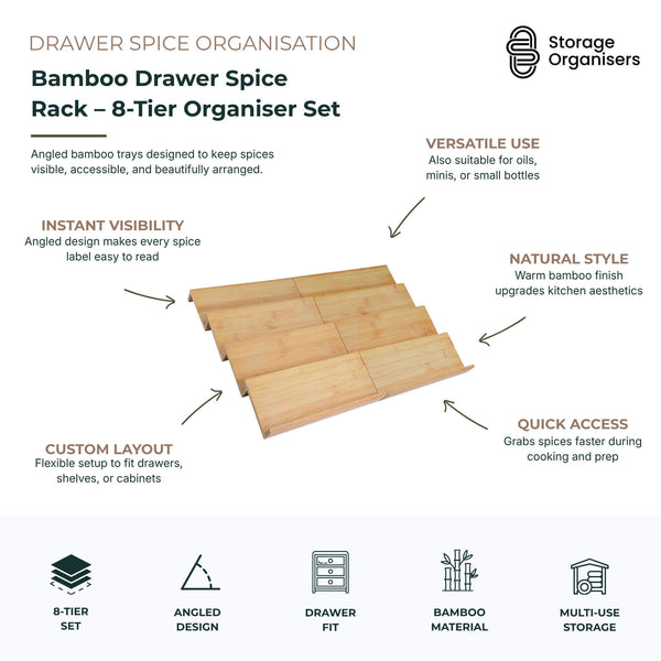Bamboo Drawer Spice Rack β 8-Tier Organiser Set