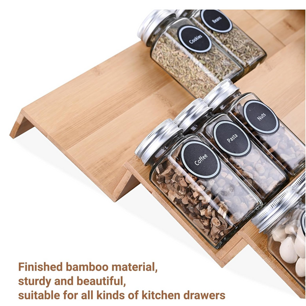 bamboo drawer spice rack 8-tier organizer with spice jars on angled bamboo trays