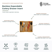 Expandable bamboo cutlery drawer insert with adjustable width and multiple compartments for organising cutlery, utensils and kitchen tools. Natural bamboo drawer organiser designed to maximise storage space, create dedicated sections and adapt to different drawer sizes. Durable expandable cutlery tray for neat, efficient kitchen drawer organisation and easy access to everyday utensils.