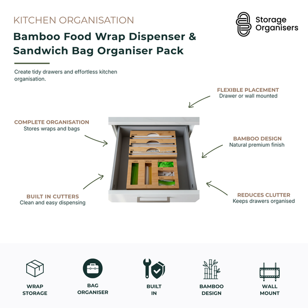 Bamboo food wrap dispenser and sandwich bag organiser pack designed to keep kitchen drawers neat and organised. Features dedicated storage compartments for cling wrap, baking paper, foil, sandwich bags, and freezer bags, built-in cutters for clean and easy dispensing, flexible drawer or wall-mounted installation, and a premium bamboo finish. Ideal for reducing kitchen clutter, improving accessibility, and creating an organised food storage and meal preparation station.