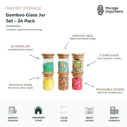 24-piece bamboo glass pantry storage jar set featuring airtight bamboo lids, clear glass containers in multiple sizes, and stackable designs for organised pantry storage, ingredient visibility, and long-lasting freshness