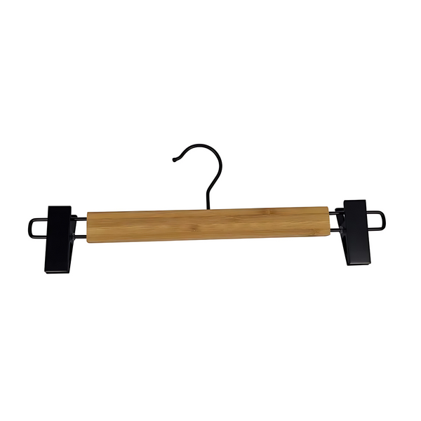 Bamboo clip pants hanger with black matte hook for space-saving and stylish home organisation. Ideal for laundry and closet storage.
