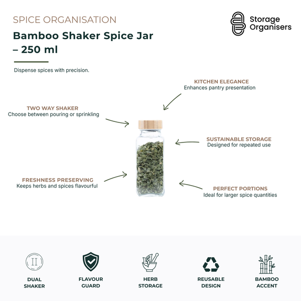 250ml glass bamboo shaker spice jar with dual-purpose lid for pouring or sprinkling herbs, spices and seasonings. Reusable kitchen storage container features a bamboo lid, clear glass body for easy ingredient visibility, and an airtight design that helps preserve freshness and aroma. Ideal pantry organisation solution for storing frequently used spices while creating a clean, coordinated and eco-friendly kitchen display.