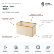 Beige linen storage basket with bamboo frame and collapsible fabric design, ideal for lightweight home organisation, shelves, laundry, and multi-room storage solutions