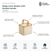 Beige linen storage basket with double bamboo handles and collapsible design. Stylish fabric storage basket for laundry, toys, blankets, towels, and household essentials, featuring a durable bamboo frame for easy carrying and space-saving home organisation.