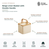 Beige linen storage basket with double bamboo handles and collapsible design. Stylish fabric storage basket for laundry, toys, blankets, towels, and household essentials, featuring a durable bamboo frame for easy carrying and space-saving home organisation.