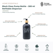 Black glass pump bottle 500ml refillable dispenser with smooth pump and bamboo-look collar, ideal for hand soap, lotion, sanitiser, shampoo, conditioner, or dishwashing liquid. Premium matte black glass design adds a modern, sophisticated touch to bathroom vanities, kitchen sinks, and laundry spaces while reducing single-use plastic waste through easy refilling and long-term reuse.