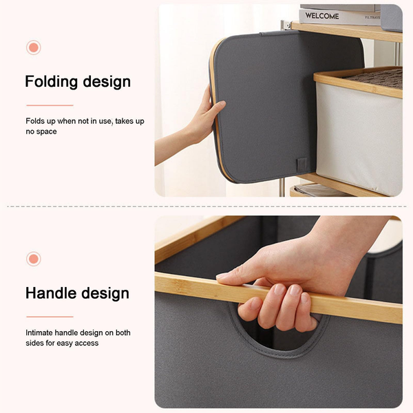 Folding black linen basket with double handle, ideal for kitchen or bathroom storage, showcasing space-saving design and practicality.