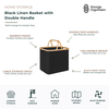 Black linen storage basket with double bamboo handles and collapsible design for stylish home organisation. Large-capacity fabric storage basket with sturdy bamboo frame, ideal for laundry, towels, blankets, toys, clothing, and household essentials. Modern black fabric finish complements bedrooms, bathrooms, laundries, living rooms, and wardrobes while providing durable, foldable storage that saves space when not in use.