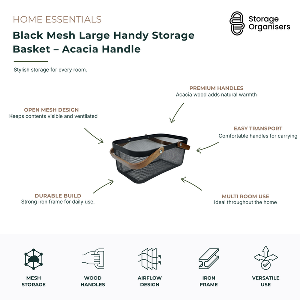 Large black mesh storage basket with acacia wood handles, designed for stylish home organisation and everyday storage. Durable iron mesh construction promotes airflow and visibility while sturdy wooden handles provide comfortable carrying. Ideal for organising pantry items, bathroom essentials, laundry supplies, toys, office accessories, and household clutter.