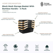 Black Mesh Storage Basket With Bamboo Handle – 4 Pack