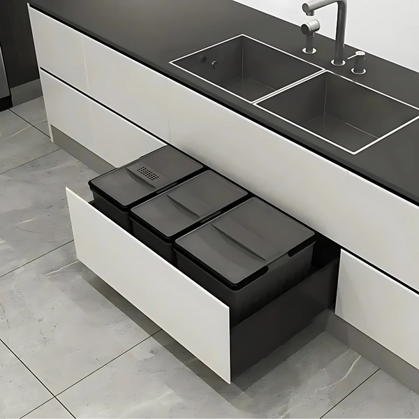 50L Blum-compatible kitchen bin in under-sink cabinet, ideal for home organisation and kitchen storage solutions. Stylish and space-saving design.