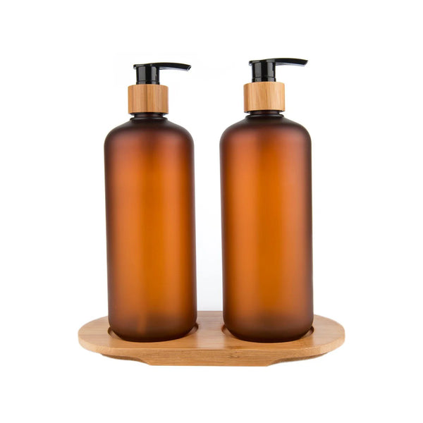 Amber Plastic Pump Bottles + Bamboo Tray – 500 ml Set