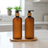 Amber Plastic Pump Bottles + Bamboo Tray – 500 ml Set