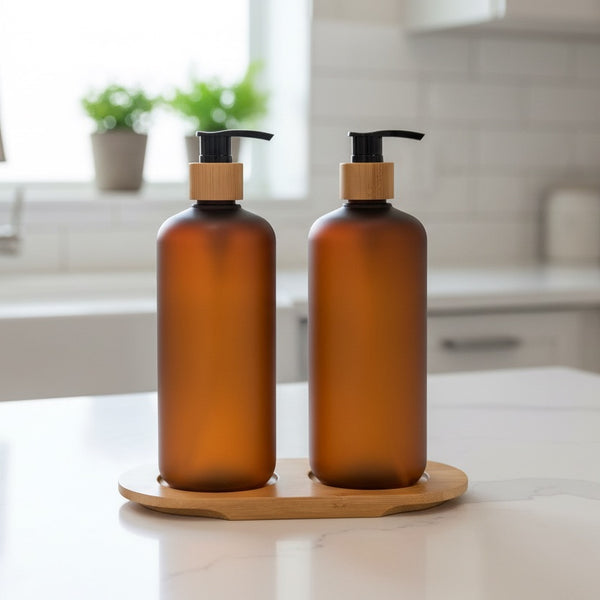Amber Plastic Pump Bottles + Bamboo Tray – 500 ml Set