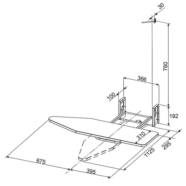 Diagram of Robinhood Ironing Board | Builtin Ironing Board for effective kitchen organisation, featuring detailed measurements and design.