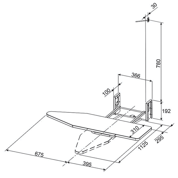 Diagram of a Robinhood builtin ironing board with measurements for home organisation, space-saving laundry solutions.