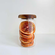 Acacia Lid Glass Jar Small Pantry Organisation 15 Pack shown with dried citrus, ideal for kitchen and pantry glass jar organisers.