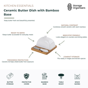 Ceramic butter dish with bamboo base and matching butter knife designed to keep butter fresh, protected and ready to serve. Featuring a smooth ceramic cover that helps shield butter from exposure and maintain freshness, this elegant butter keeper combines modern white ceramic with a natural bamboo tray for a warm, stylish look. The compact design fits neatly in refrigerators, on kitchen countertops or dining tables, making it ideal for everyday use. Perfect for butter storage, table presentation, kitchen or