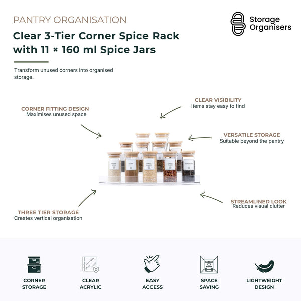 Clear 3-Tier Corner Spice Rack with 11 × 160 ml Spice Jars