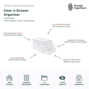 Clear 4-drawer organiser for desk and office storage, featuring four transparent drawers designed to hold A4 documents, stationery, paperwork, craft supplies, and office essentials. Compact desktop storage unit provides easy visibility of contents, organised categorisation, and space-saving organisation for home offices, study areas, classrooms, and workspaces.