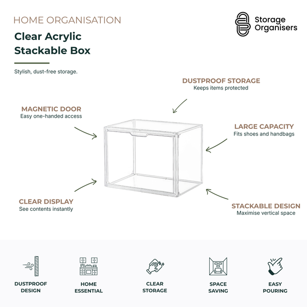 Large clear acrylic stackable storage box with magnetic front door, designed for dustproof shoe storage, handbag organisation, wardrobe storage, and space-saving home organisation.