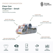 Clear can organiser for fridge storage, designed to hold up to 10 beverage cans while keeping shelves neat and accessible. Transparent BPA-free storage bin provides clear visibility of contents, prevents cans from rolling, and maximises refrigerator space for soft drinks, sparkling water, energy drinks, and canned beverages