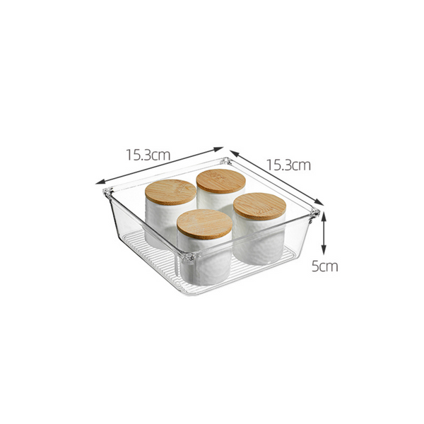 Clear Drawer Organiser Set – 8pc Modular Storage with bamboo jars, perfect for pantry and fridge use.