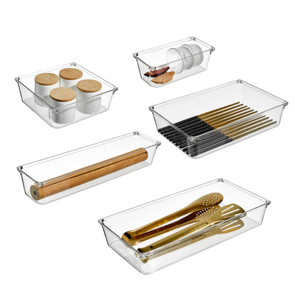 Clear Drawer Organiser Set – 8pc Modular Storage for pantry and bathroom; bamboo jars, fridge tubs, home organisation essentials
