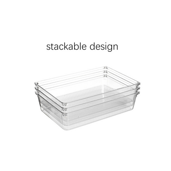 Clear Drawer Organiser Set – 8pc Modular Storage for pantry, bathroom, or laundry usage, showcasing stackable design for efficient storage.