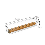 Clear Drawer Organiser Set – 8pc Modular Storage shown with dimensions, ideal for kitchen organisation and storing utensils.