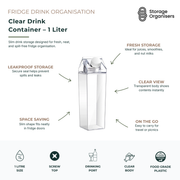 Clear 1 liter drink container with leakproof screw-top lid and slim space-saving design for fridge storage, juices, smoothies, and food-grade beverage organisation