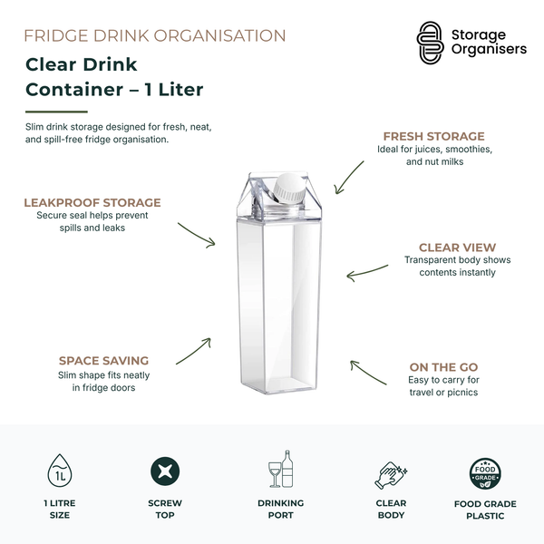 Clear 1 liter drink container with leakproof screw-top lid and slim space-saving design for fridge storage, juices, smoothies, and food-grade beverage organisation