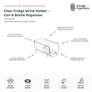 Clear fridge drink holder and can organiser made from durable transparent plastic, designed to neatly store bottles, cans and beverages while maximising refrigerator shelf space. Features a rolling-prevention design to keep drinks secure, clear visibility for quick access, and versatile storage suitable for fridges, pantries and kitchen cupboards. Practical space-saving solution for organised beverage storage and easy everyday access.