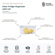 Clear fridge organiser with lid and removable basket for fresh food storage and refrigerator organisation. Transparent food storage container provides clear visibility of contents while the secure lid helps keep produce, fruit, vegetables, and meal ingredients neatly contained. Stackable design maximises fridge shelf space, and the removable basket makes washing, draining, and food preparation easy. Ideal for organised, space-saving refrigerator storage.