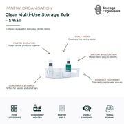 Small clear multi-use storage tub designed for pantry organisation, kitchen storage and household decluttering. Transparent storage bin keeps condiments, sauces, jars, snacks and everyday essentials neatly grouped while allowing quick visibility of contents. Compact footprint fits small shelves, cupboards and refrigerators, helping maximise storage space and maintain an organised pantry, kitchen, bathroom or laundry area. Durable multipurpose organiser with built-in handles for easy access and portability.