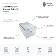 Extra-large clear multi-use storage tub with built-in handles, BPA-free plastic construction, and stackable design, ideal for pantry organisation, fridge storage, and household essentials.