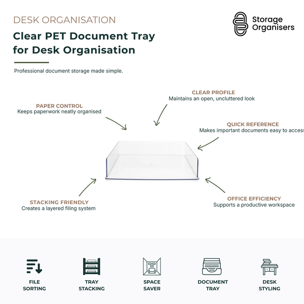 Clear PET document tray for desk organisation designed to keep paperwork, files, folders and office documents neatly sorted and accessible. Transparent desktop document tray provides quick visibility of contents, supports stackable filing systems and helps maintain a clean, professional workspace. Durable PET construction is ideal for home offices, study areas, reception desks and workplace document management while maximising desk space and productivity.