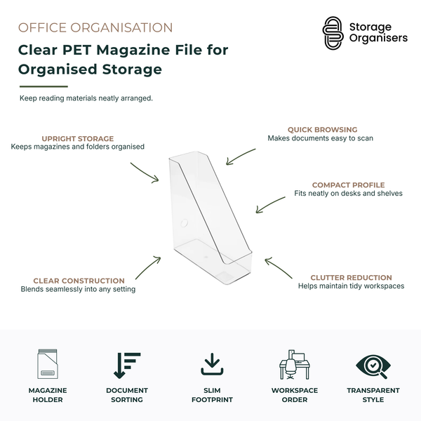 Clear PET magazine file organiser designed for storing magazines, folders, documents, notebooks and office paperwork. Transparent magazine holder keeps reading materials upright, visible and easy to access while maintaining a tidy, clutter-free workspace. Slim profile fits neatly on desks, shelves, bookcases and home office setups. Durable PET construction provides practical document organisation with a clean, modern appearance suitable for offices, study rooms and professional workspaces.