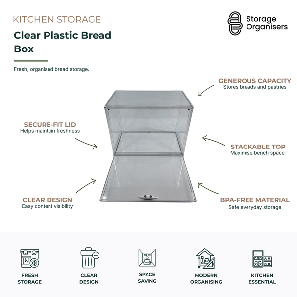 Clear plastic bread box with secure-fit lid and BPA-free construction, designed to keep bread, pastries, and baked goods fresh while providing visible, stackable, and space-saving kitchen storage.
