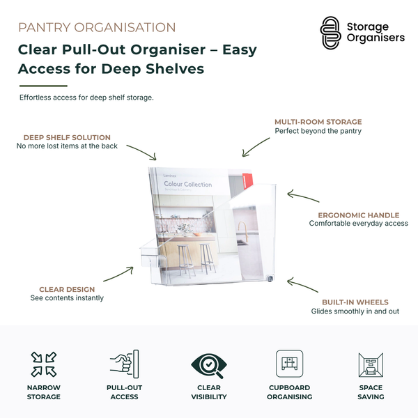 Clear pull-out organiser for deep shelves and pantry storage, featuring an ergonomic handle and built-in wheels for smooth access. Transparent storage bin helps organise kitchen cupboards, pantries, bathrooms, laundries, and under-sink areas while keeping contents visible and easy to reach. Space-saving pull-out storage solution designed to maximise deep shelf organisation and reduce clutter.