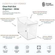 Wide clear pull-out organiser with wheeled sliding storage design for deep pantry, cupboard, kitchen, and bathroom organisation solutions