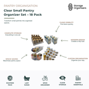 18-piece clear pantry organiser set featuring storage containers, spice jars, lazy Susan turntables, and pantry organisation essentials for creating a neat and clutter-free kitchen. Designed to maximise pantry space with clear visibility for easy item identification, custom organisation options, and space-saving storage solutions. Ideal for organising spices, dry goods, snacks, canned foods, baking ingredients, and everyday pantry essentials while maintaining a clean and modern pantry aesthetic.