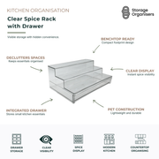 Clear acrylic spice rack with integrated drawer, tiered display shelves, and transparent PET construction. Designed for organising spice jars, seasonings, and small kitchen essentials while maximising countertop space and visibility.