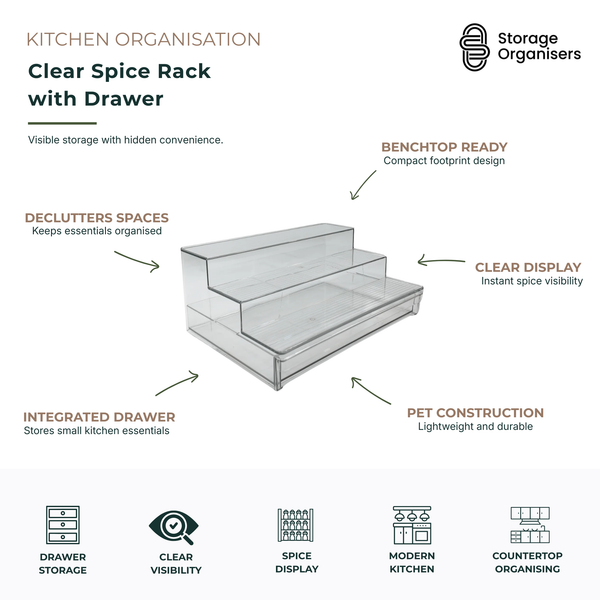 Clear acrylic spice rack with integrated drawer, tiered display shelves, and transparent PET construction. Designed for organising spice jars, seasonings, and small kitchen essentials while maximising countertop space and visibility.