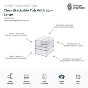 Large clear stackable pantry storage tub with integrated front lip handle, designed for organising kitchen shelves, refrigerators, freezers and cupboards. Transparent storage bin provides easy visibility of contents, groups related pantry items together and maximises storage capacity while maintaining quick access. Durable stackable organiser helps reduce clutter, optimise shelf space and keep snacks, packets, jars, produce and household essentials neatly arranged for everyday use.